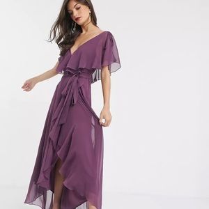 Fall Dress 👗 Flowy Split Sleeve Cape Dress with Tie Shoulder and Cape in Plum💜